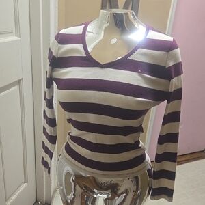 Tommy Hilfiger Purple and Cream Fitted Long Sleeve Blouse